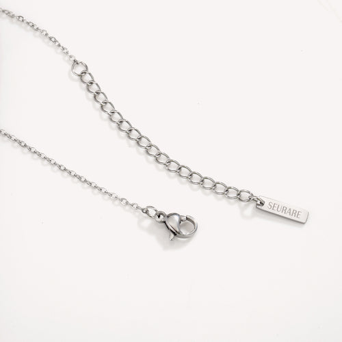 Silver necklace with a clasp and tag on a white background